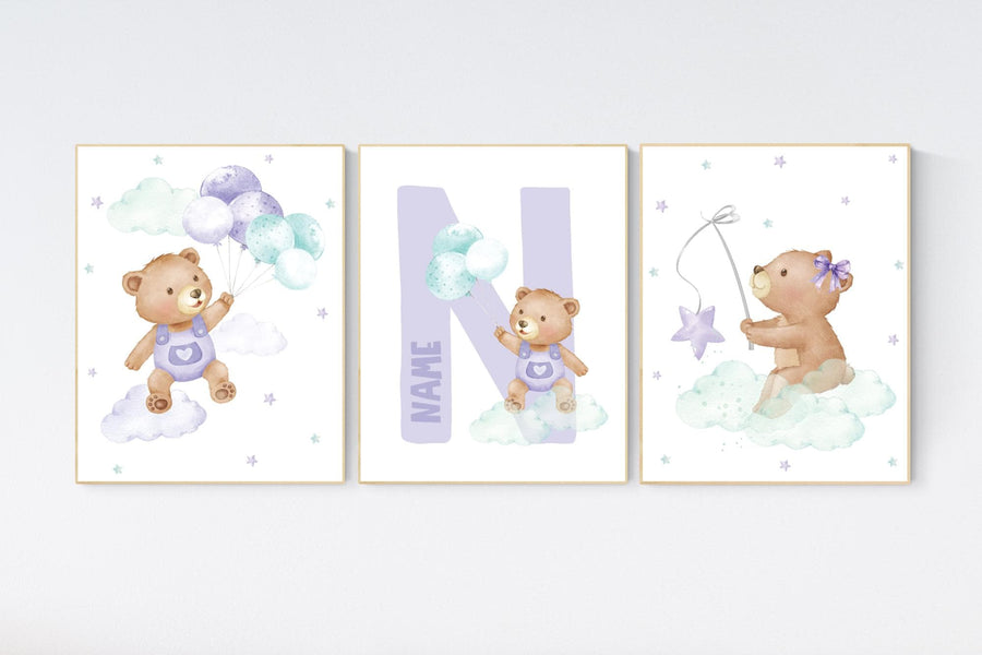 Nursery decor girl, purple and teal, nursery decor bear, teddy bear nursery, lilac nursery print, lavender, baby room decor, purple teal