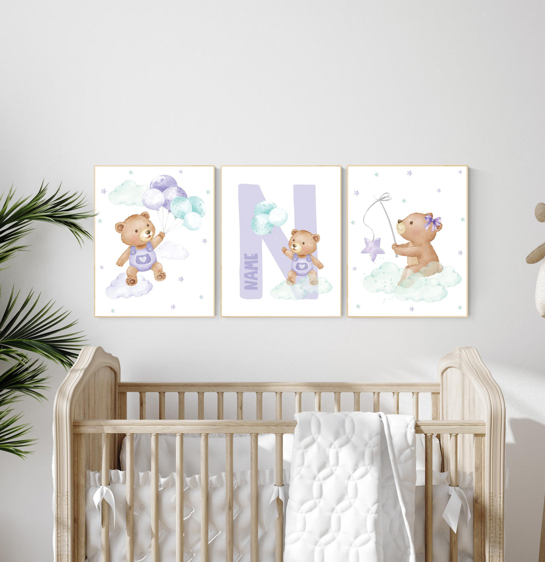 Nursery decor girl, purple and teal, nursery decor bear, teddy bear nursery, lilac nursery print, lavender, baby room decor, purple teal