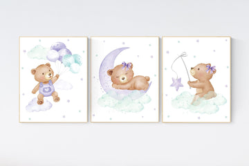 Baby girl nursery wall art, watercolor teddy bear print, moon and stars nursery decor, pastel purple baby room artwork, dreamy night sky art