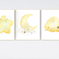 Moon prints for nursery, yellow nursery nursery wall art, gender neutral, moon wall art, Baby wall decor, nursery prints, yellow gold