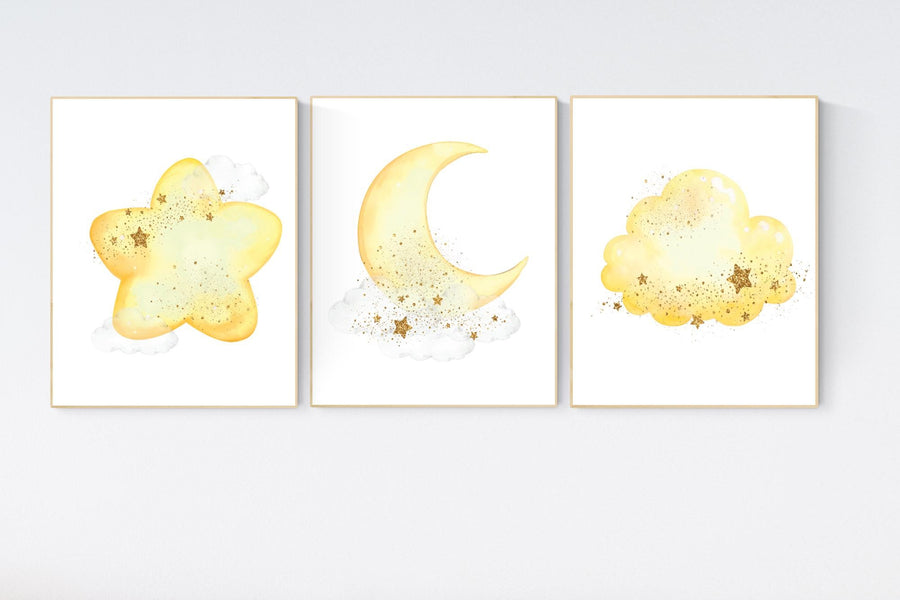 Moon prints for nursery, yellow nursery nursery wall art, gender neutral, moon wall art, Baby wall decor, nursery prints, yellow gold