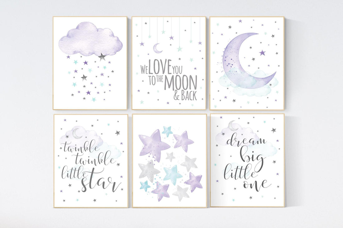 Nursery decor girl purple, turquoise, moon and stars, lilac, teal, nursery art. baby room, girl nursery decor, stars nursery, purple mint