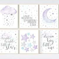 Nursery decor girl purple, turquoise, moon and stars, lilac, teal, nursery art. baby room, girl nursery decor, stars nursery, purple mint