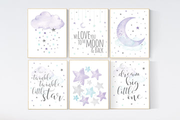 Nursery decor girl purple, turquoise, moon and stars, lilac, teal, nursery art. baby room, girl nursery decor, stars nursery, purple mint