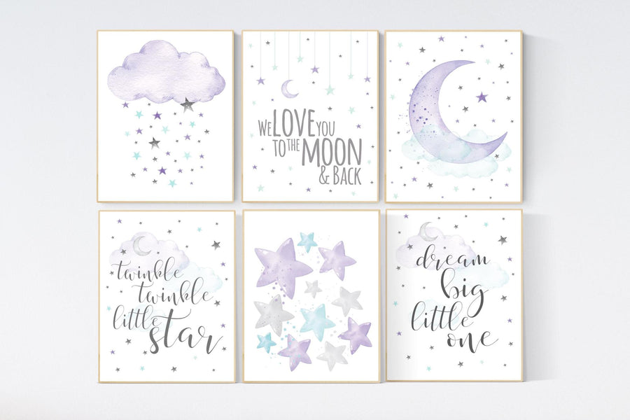 Nursery decor girl purple, turquoise, moon and stars, lilac, teal, nursery art. baby room, girl nursery decor, stars nursery, purple mint