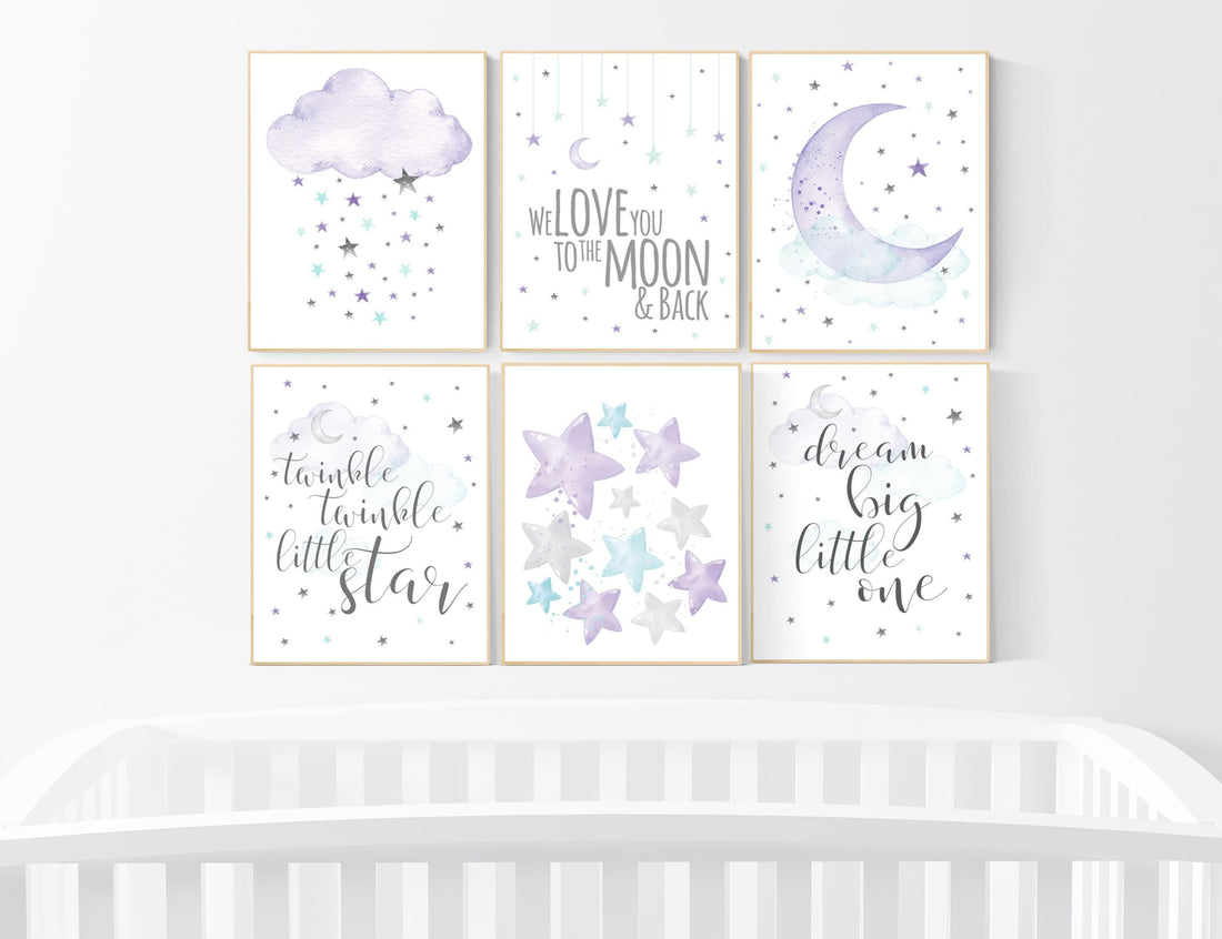 Nursery decor girl purple, turquoise, moon and stars, lilac, teal, nursery art. baby room, girl nursery decor, stars nursery, purple mint