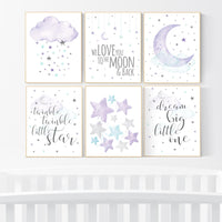Nursery decor girl purple, turquoise, moon and stars, lilac, teal, nursery art. baby room, girl nursery decor, stars nursery, purple mint