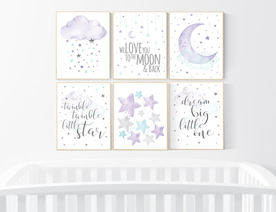 Nursery decor girl purple, turquoise, moon and stars, lilac, teal, nursery art. baby room, girl nursery decor, stars nursery, purple mint