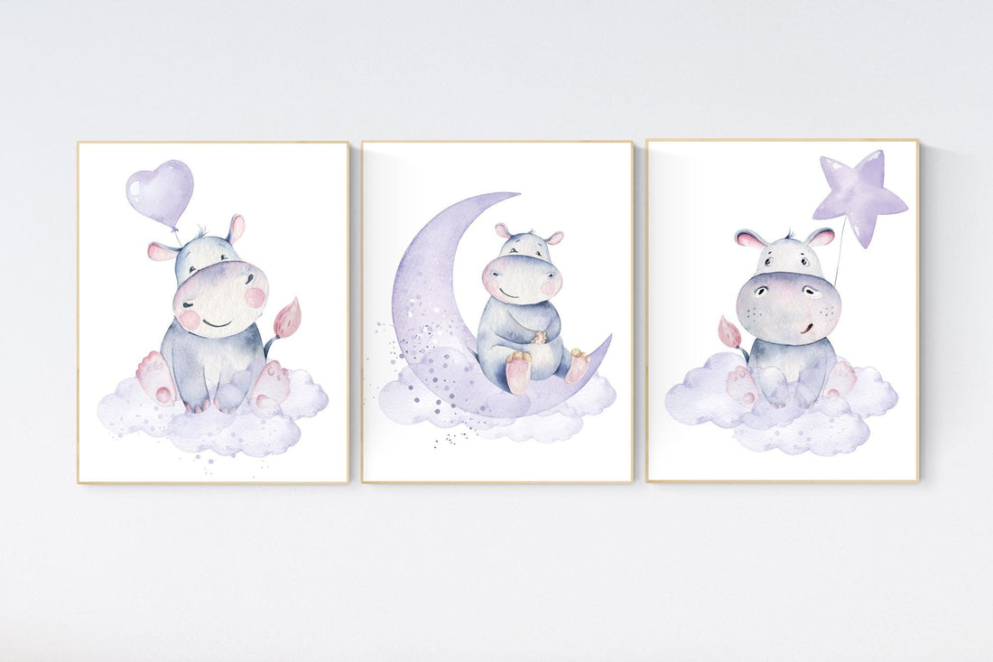 Nursery prints hippo, hippos, animal prints, purple nursery, nursery decor girl, hippopotamus, cute hippo, nursery wall art, lilac, lavender