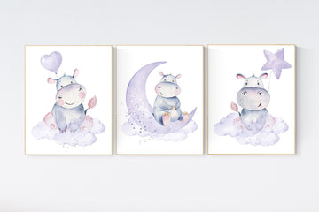 Nursery prints hippo, hippos, animal prints, purple nursery, nursery decor girl, hippopotamus, cute hippo, nursery wall art, lilac, lavender