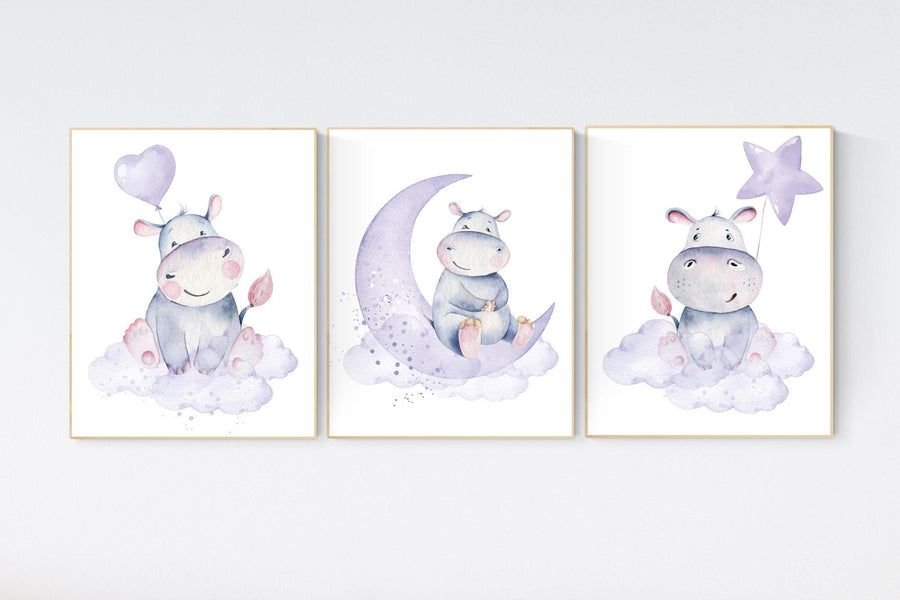 Nursery prints hippo, hippos, animal prints, purple nursery, nursery decor girl, hippopotamus, cute hippo, nursery wall art, lilac, lavender
