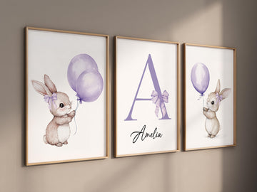 Personalized bunny nursery art, purple balloon print, custom baby girl name decor, watercolor rabbit wall art, bunny print, baby room decor