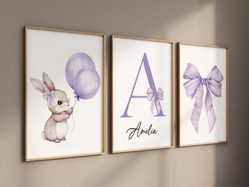 Personalized bunny nursery art, custom baby name print, purple balloon wall art, pastel bow nursery decor, watercolor rabbit baby room print