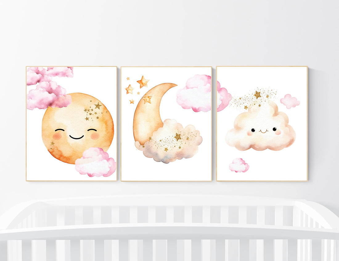 Moon prints for nursery, nursery wall art, gender neutral nursery, pink and yellow, Baby wall decor, nursery prints, moon and clouds