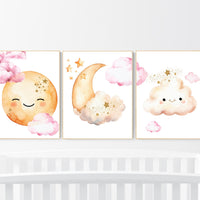 Moon prints for nursery, nursery wall art, gender neutral nursery, pink and yellow, Baby wall decor, nursery prints, moon and clouds