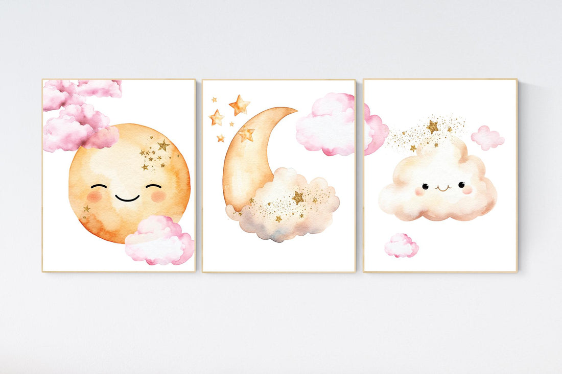 Moon prints for nursery, nursery wall art, gender neutral nursery, pink and yellow, Baby wall decor, nursery prints, moon and clouds