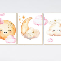 Moon prints for nursery, nursery wall art, gender neutral nursery, pink and yellow, Baby wall decor, nursery prints, moon and clouds