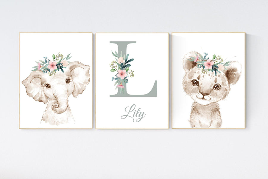 Girl nursery decor, Nursery wall art animals, Safari animals, Floral Nursery Prints, pink nursery, girls nursery decor, elephant nursery