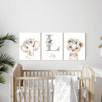 Girl nursery decor, Nursery wall art animals, Safari animals, Floral Nursery Prints, pink nursery, girls nursery decor, elephant nursery