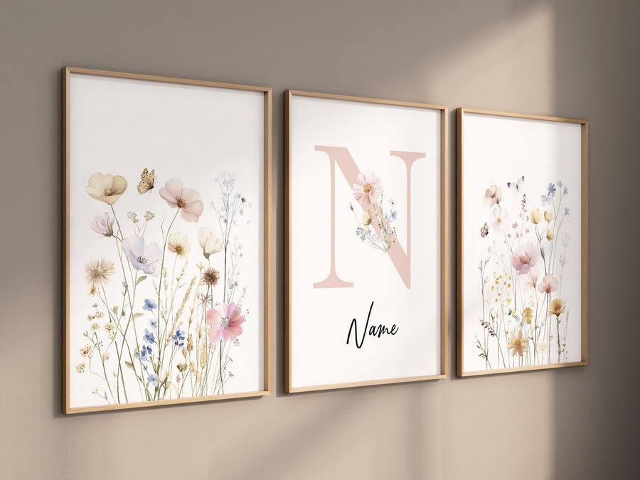 Personalized floral nursery art, wildflower name print, boho nursery,botanical baby room decor, pastel flower nursery print, name wall art