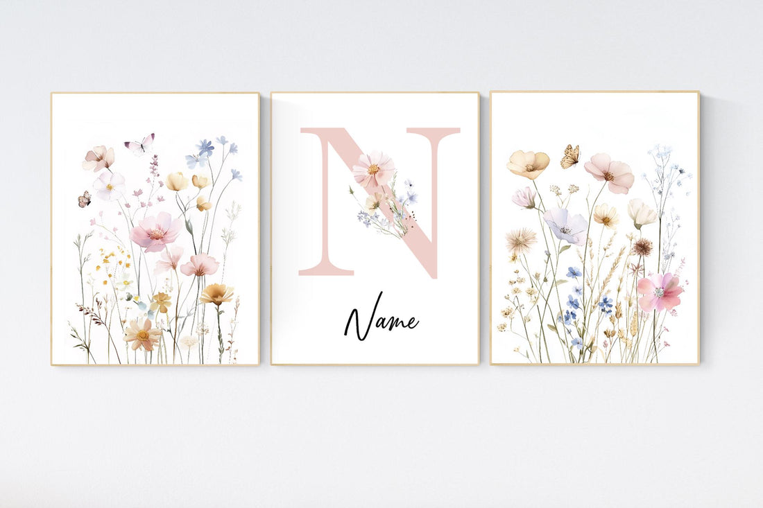 Personalized floral nursery art, wildflower name print, boho nursery,botanical baby room decor, pastel flower nursery print, name wall art