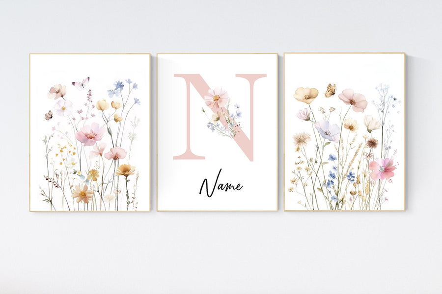 Personalized floral nursery art, wildflower name print, boho nursery,botanical baby room decor, pastel flower nursery print, name wall art