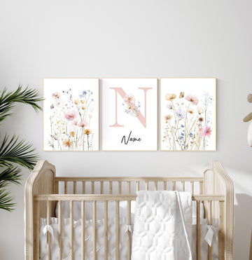 Personalized floral nursery art, wildflower name print, boho nursery,botanical baby room decor, pastel flower nursery print, name wall art