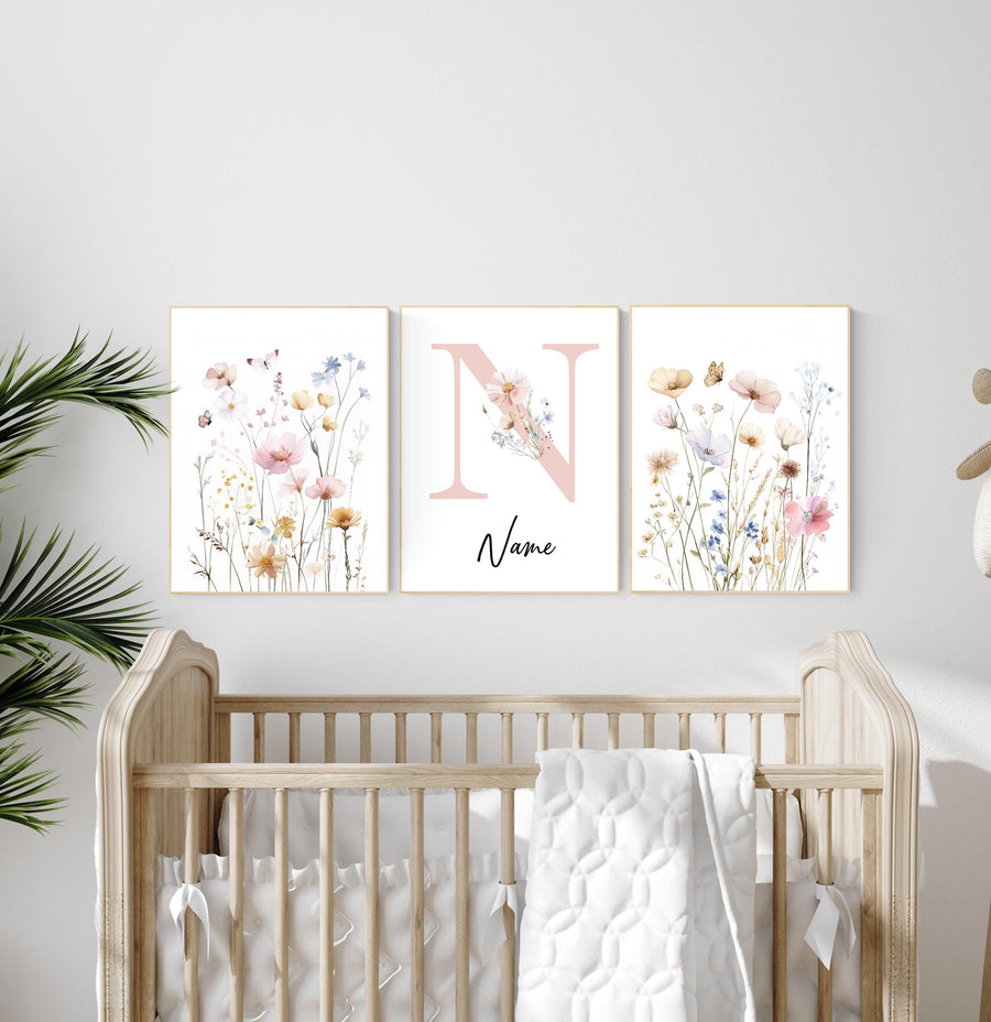 Personalized floral nursery art, wildflower name print, boho nursery,botanical baby room decor, pastel flower nursery print, name wall art
