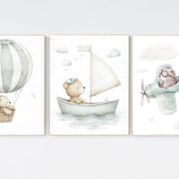 Bear nursery art, adventure nursery prints, sage nursery, hot air balloon bear, sailboat bear art, airplane bear print, baby boy wall decor