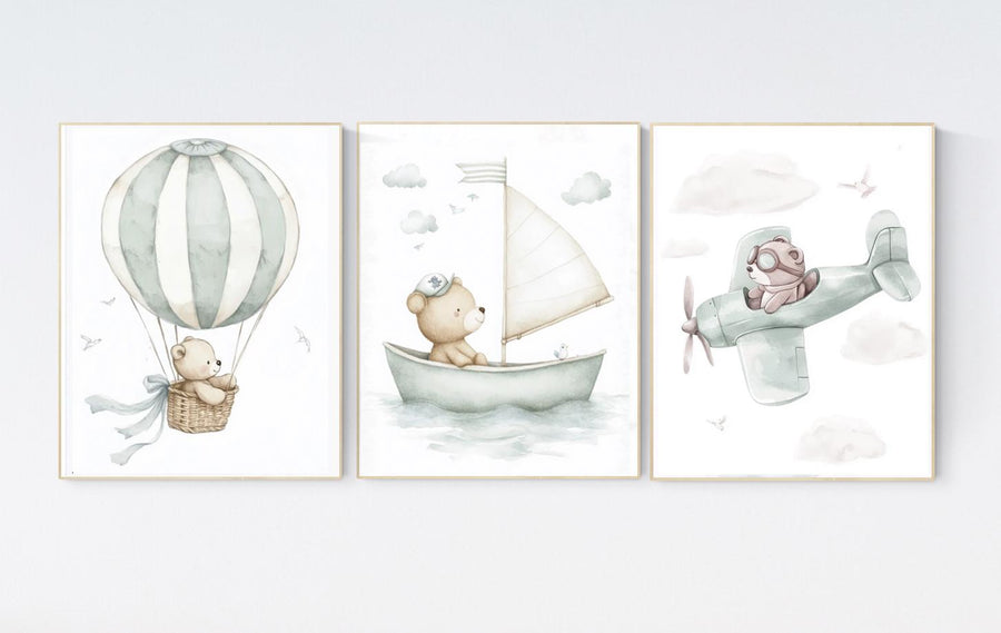 Bear nursery art, adventure nursery prints, sage nursery, hot air balloon bear, sailboat bear art, airplane bear print, baby boy wall decor