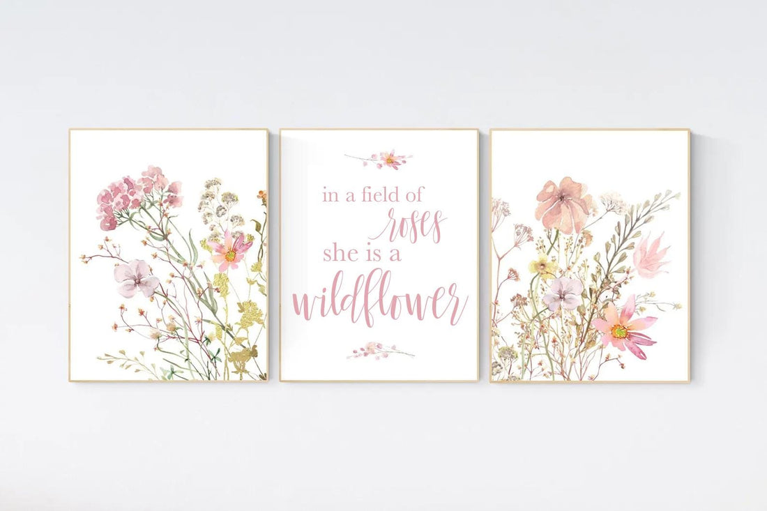 Boho Nursery wall art, Wildflower Nursery Decor, Floral Nursery, Girl Nursery Decor, In a field of roses she is a wildflower