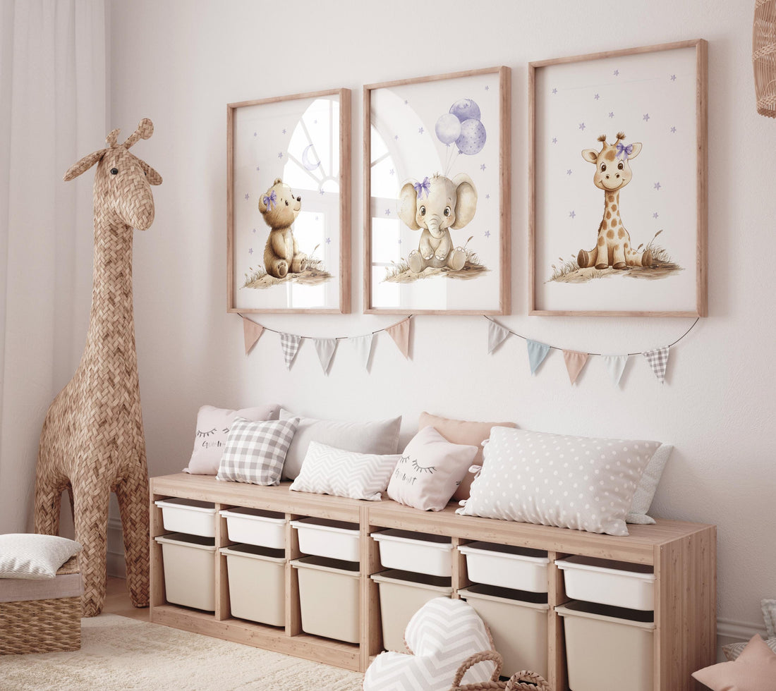 Baby girl nursery wall art set, purple and beige animal prints with elephant, bear, giraffe, neutral safari nursery decor, baby room prints
