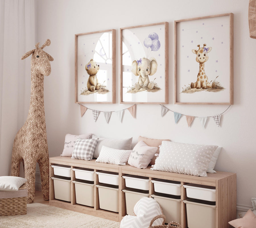Baby girl nursery wall art set, purple and beige animal prints with elephant, bear, giraffe, neutral safari nursery decor, baby room prints