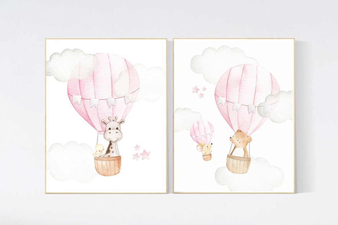 Nursery decor girl woodland, hot air balloon nursery, nursery decor woodland animal, hot air balloon nursery animal, pink nursery print