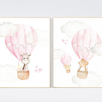 Nursery decor girl woodland, hot air balloon nursery, nursery decor woodland animal, hot air balloon nursery animal, pink nursery print