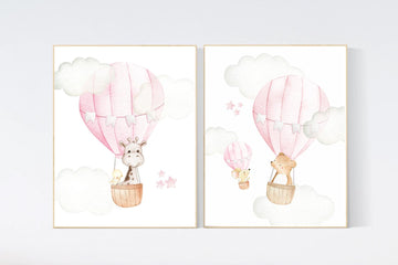Nursery decor girl woodland, hot air balloon nursery, nursery decor woodland animal, hot air balloon nursery animal, pink nursery print
