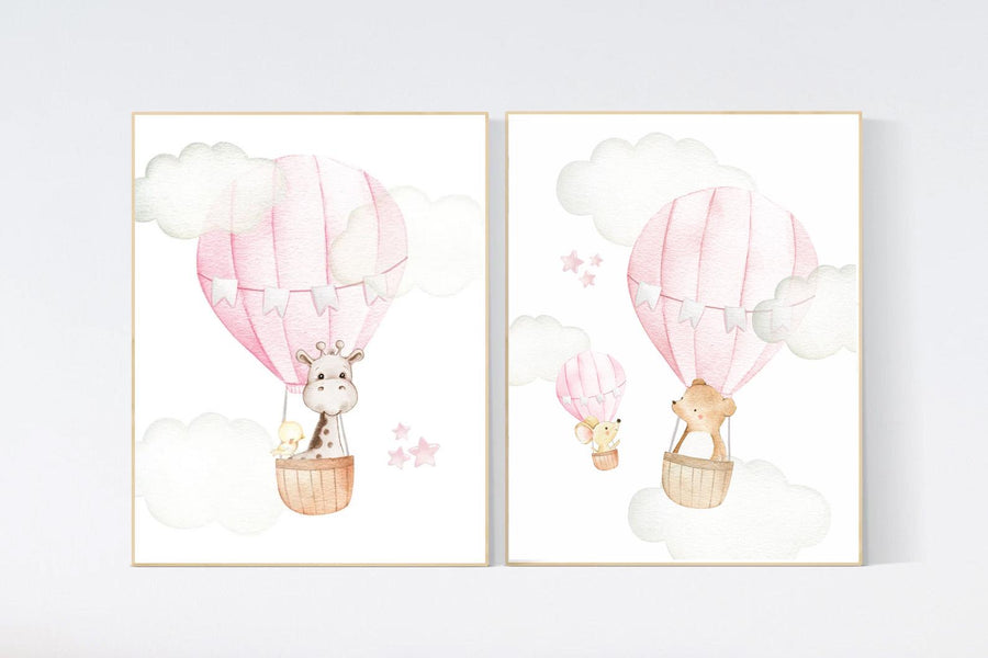 Nursery decor girl woodland, hot air balloon nursery, nursery decor woodland animal, hot air balloon nursery animal, pink nursery print