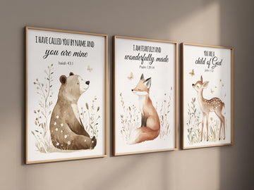 Woodland nursery Bible verse wall art set, bear fox deer scripture prints, Christian baby room decor, gender neutral nursery wall art set