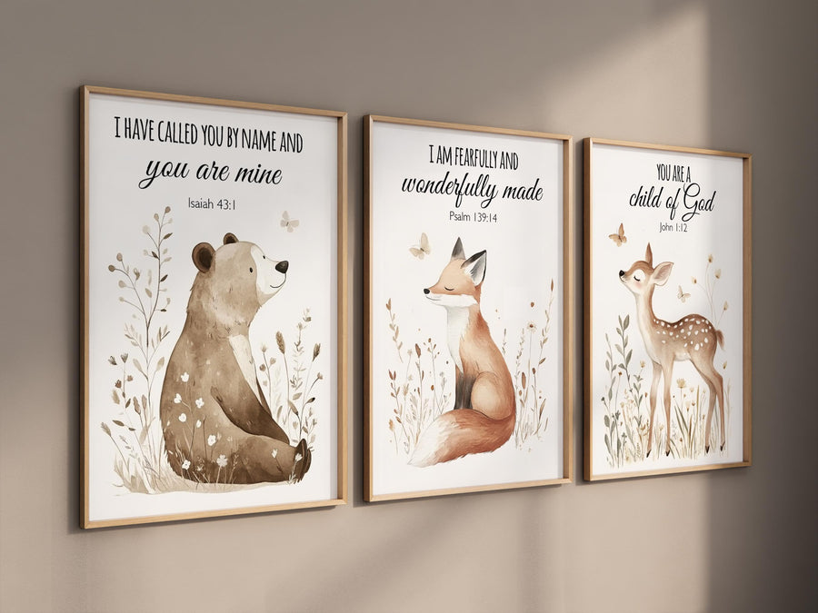 Woodland nursery Bible verse wall art set, bear fox deer scripture prints, Christian baby room decor, gender neutral nursery wall art set
