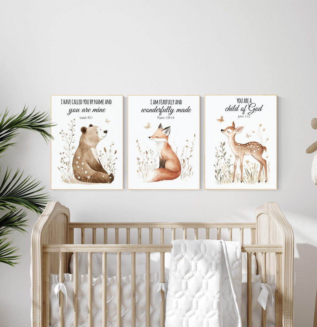 Woodland nursery Bible verse wall art set, bear fox deer scripture prints, Christian baby room decor, gender neutral nursery wall art set