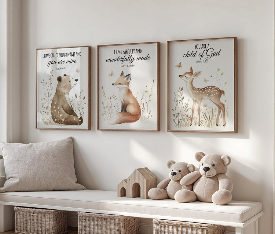 Woodland nursery Bible verse wall art set, bear fox deer scripture prints, Christian baby room decor, gender neutral nursery wall art set