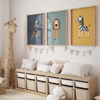 Safari nursery prints, jungle animal wall art, giraffe lion zebra posters, cute safari animal decor, baby room animal illustrations