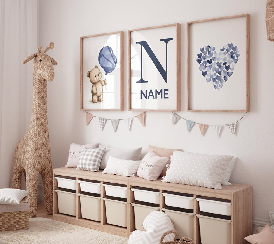 Navy bear wall art, boy nursery balloon prints, custom name nursery decor, blue heart wall art, baby boy room prints, navy blue nursery set