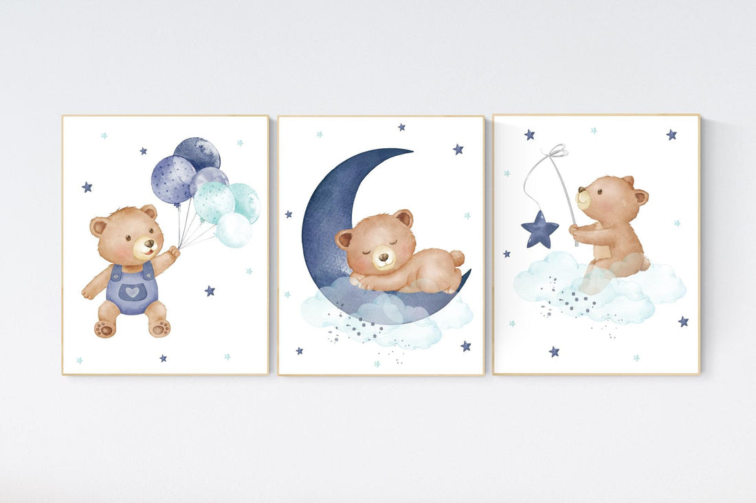 Navy Blue Teddy Bear Nursery Wall Art, baby boy nursery wall art, Baby Boy Room Decor, Moon and Stars , Cute Bear prints, navy and teal