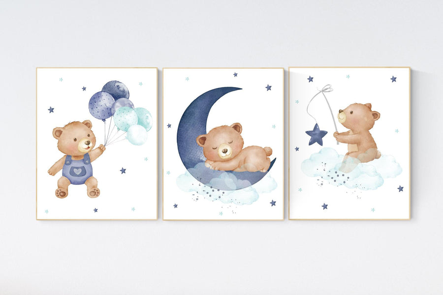 Navy Blue Teddy Bear Nursery Wall Art, baby boy nursery wall art, Baby Boy Room Decor, Moon and Stars , Cute Bear prints, navy and teal