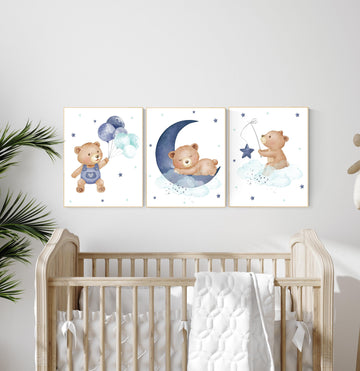 Navy Blue Teddy Bear Nursery Wall Art, baby boy nursery wall art, Baby Boy Room Decor, Moon and Stars , Cute Bear prints, navy and teal