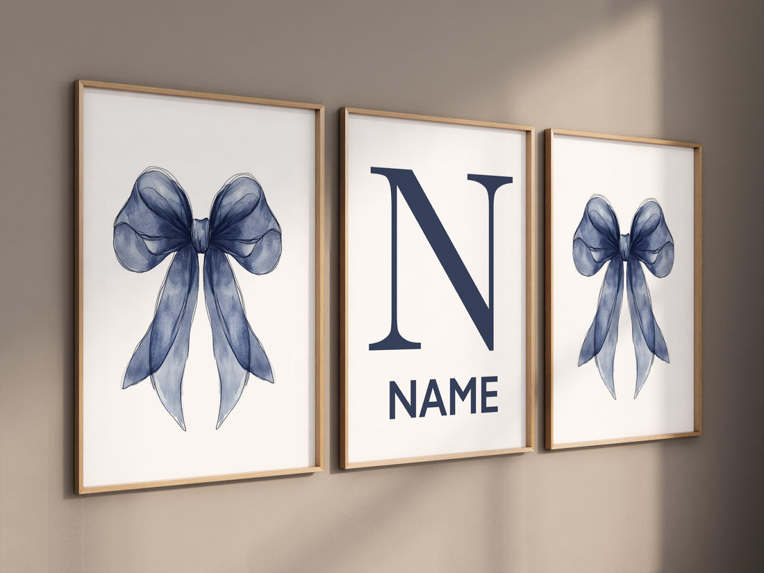 Navy bow nursery art, baby boy name print, custom navy wall decor, navy blue bow prints, boy nursery wall set, modern boy room art