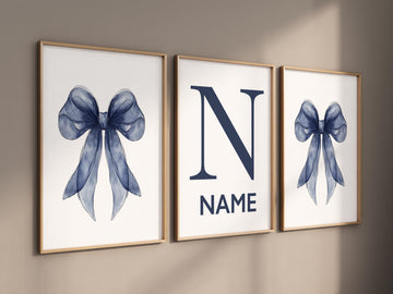 Navy bow nursery art, baby boy name print, custom navy wall decor, navy blue bow prints, boy nursery wall set, modern boy room art