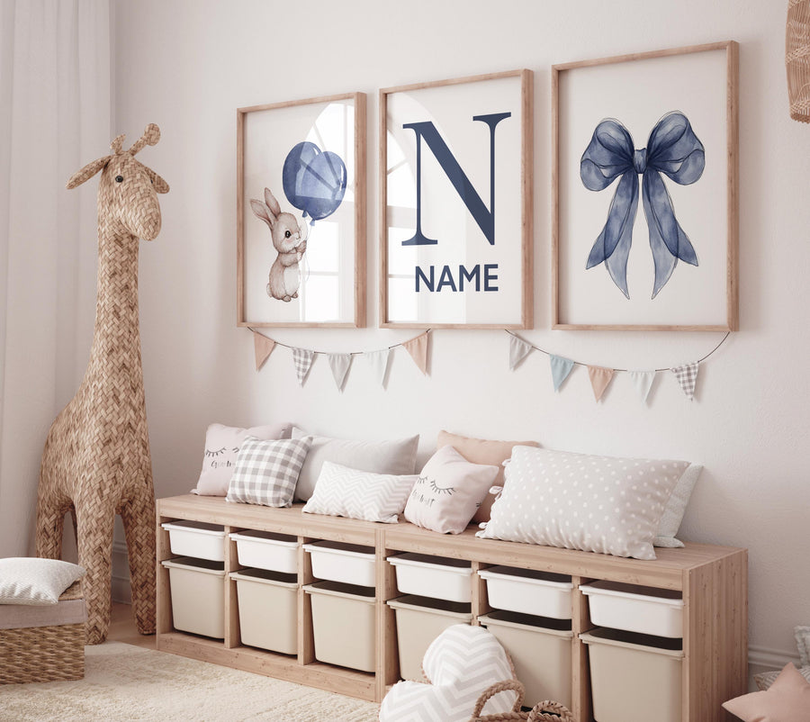Navy nursery art, bunny balloon wall print, personalized baby name decor, custom navy bow set, blue baby room art, rabbit nursery poster