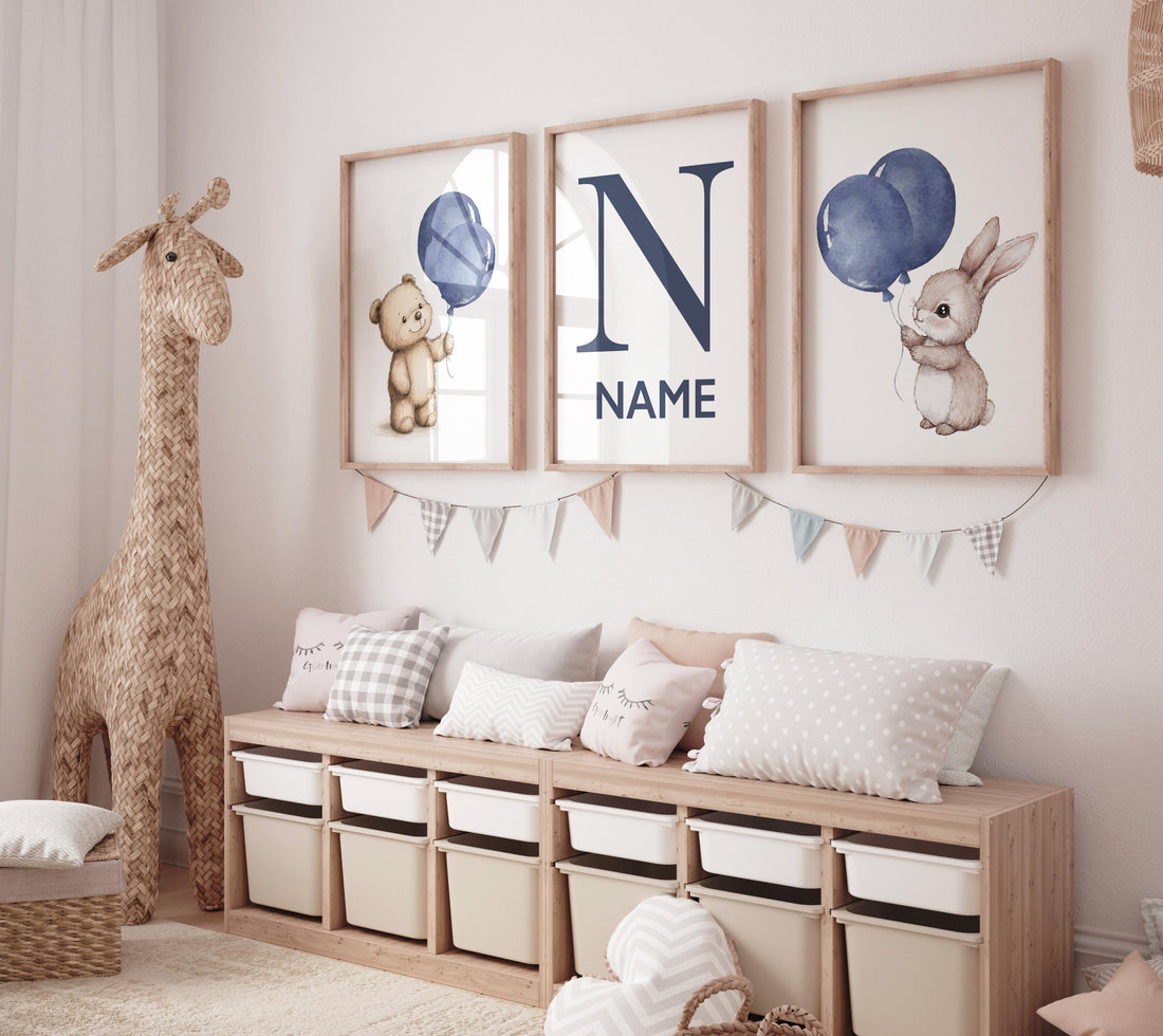 Navy balloon nursery art, bear and bunny print, personalized baby name poster, blue animal wall decor, gender-neutral nursery artwork
